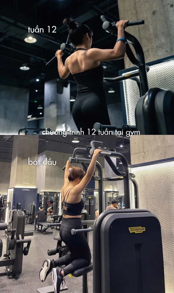 Ảnh 9: tập tại gym với tuần 12 ở phía trên và lúc bắt đầu ở phía dưới, theo chú thích trên ảnh.